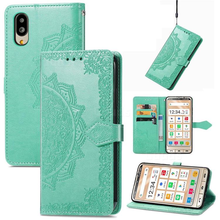 Embossing Imprint Mandala Flower Leather Wallet Case for Sharp Simple Sumaho6 - Green