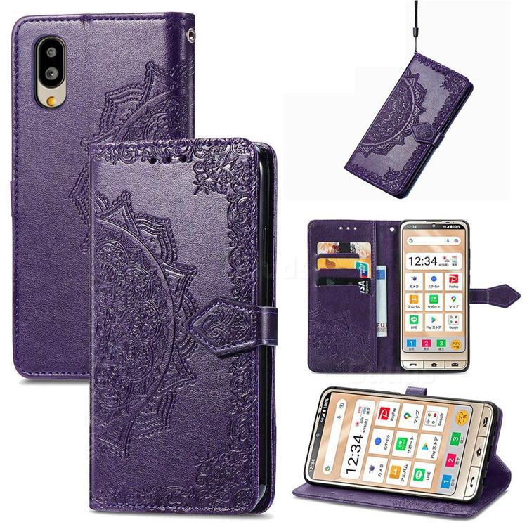 Embossing Imprint Mandala Flower Leather Wallet Case for Sharp Simple Sumaho6 - Purple
