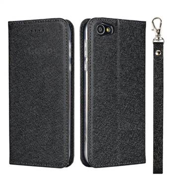 Ultra Slim Magnetic Automatic Suction Silk Lanyard Leather Flip Cover for Sharp Basio 2 SHV36 - Black