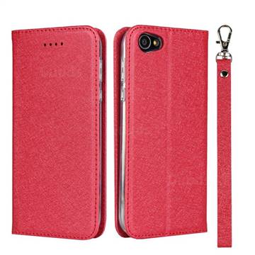 Ultra Slim Magnetic Automatic Suction Silk Lanyard Leather Flip Cover for Sharp Basio 2 SHV36 - Red