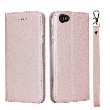 Ultra Slim Magnetic Automatic Suction Silk Lanyard Leather Flip Cover for Sharp Basio 2 SHV36 - Rose Gold