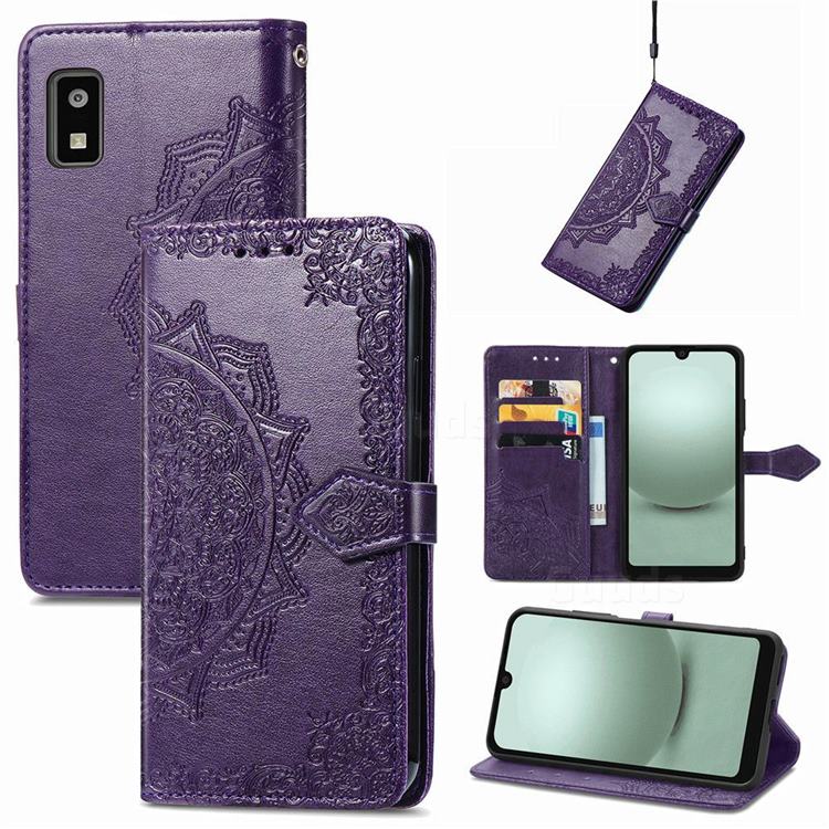 Embossing Imprint Mandala Flower Leather Wallet Case for Sharp AQUOS Wish 3 - Purple