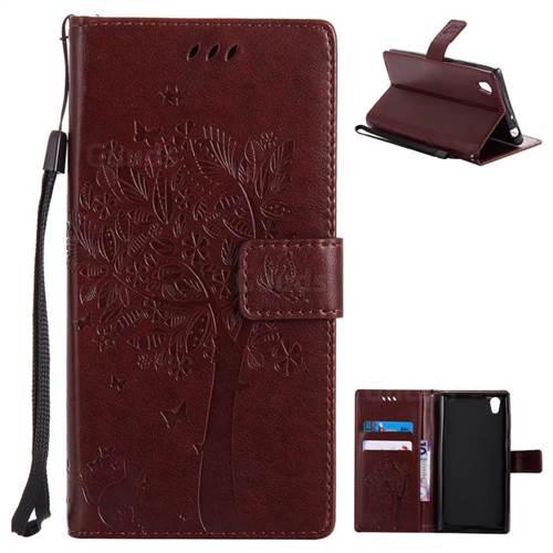 Embossing Butterfly Tree Leather Wallet Case for Sony Xperia L1 / Sony E6 - Coffee