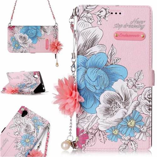 Pink Blue Rose Endeavour Florid Pearl Flower Pendant Metal Strap PU Leather Wallet Case for Sony Xperia L1 / Sony E6