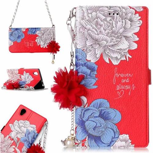Red Chrysanthemum Endeavour Florid Pearl Flower Pendant Metal Strap PU Leather Wallet Case for Sony Xperia L1 / Sony E6