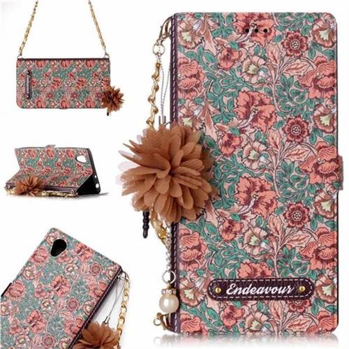 Impatiens Endeavour Florid Pearl Flower Pendant Metal Strap PU Leather Wallet Case for Sony Xperia L1 / Sony E6