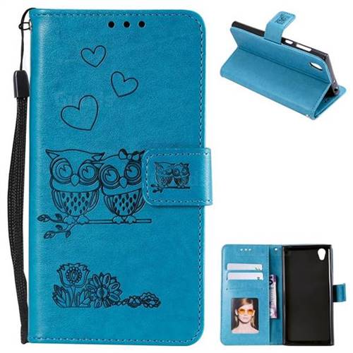 Embossing Owl Couple Flower Leather Wallet Case for Sony Xperia L1 / Sony E6 - Blue