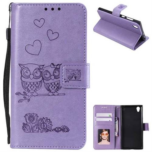 Embossing Owl Couple Flower Leather Wallet Case for Sony Xperia L1 / Sony E6 - Purple