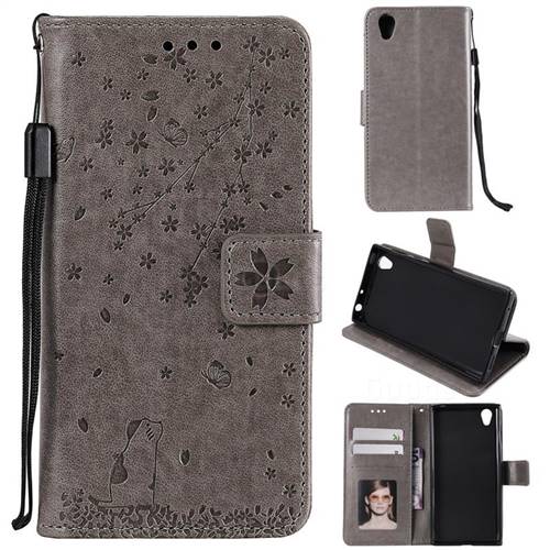 Embossing Cherry Blossom Cat Leather Wallet Case for Sony Xperia L1 / Sony E6 - Gray