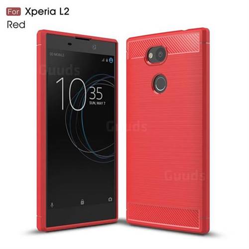 Luxury Carbon Fiber Brushed Wire Drawing Silicone TPU Back Cover for Sony Xperia L2 - Red