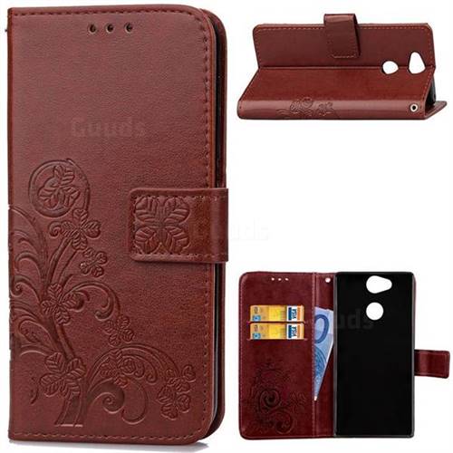 Embossing Imprint Four-Leaf Clover Leather Wallet Case for Sony Xperia L2 - Brown