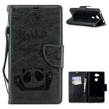 Embossing Hello Panda Leather Wallet Phone Case for Sony Xperia L2 - Seagreen