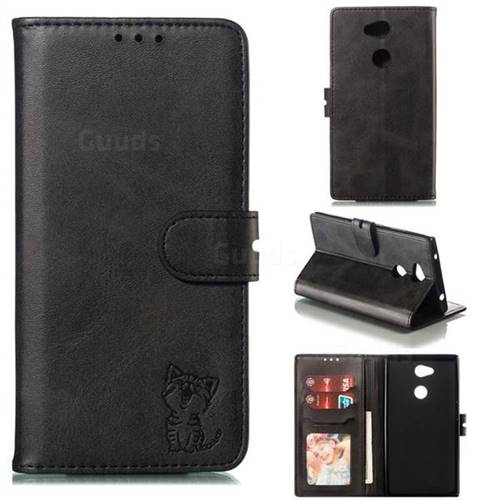 Embossing Happy Cat Leather Wallet Case for Sony Xperia L2 - Black