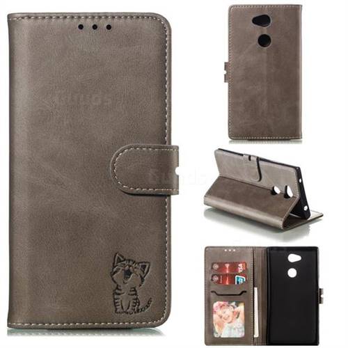 Embossing Happy Cat Leather Wallet Case for Sony Xperia L2 - Gray