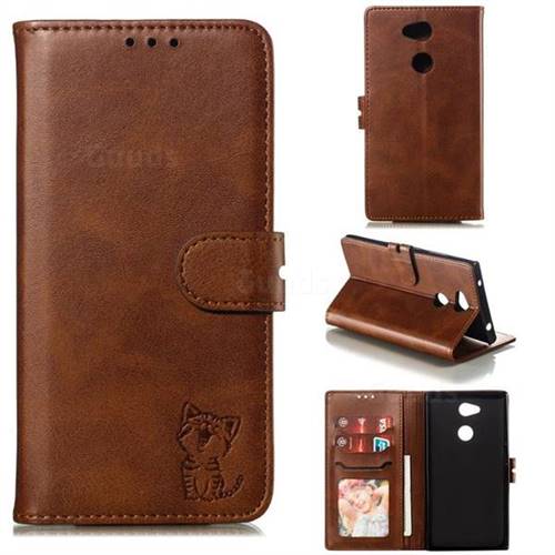 Embossing Happy Cat Leather Wallet Case for Sony Xperia L2 - Brown