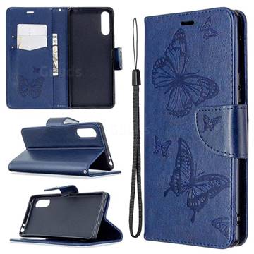 Embossing Double Butterfly Leather Wallet Case for Sony Xperia L4 - Dark Blue