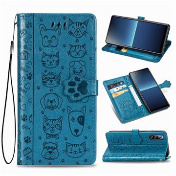 Embossing Dog Paw Kitten and Puppy Leather Wallet Case for Sony Xperia L4 - Blue