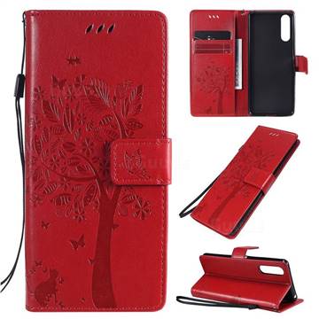 Embossing Butterfly Tree Leather Wallet Case for Sony Xperia 10 II - Red