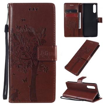 Embossing Butterfly Tree Leather Wallet Case for Sony Xperia 10 II - Coffee