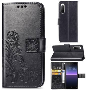 Embossing Imprint Four-Leaf Clover Leather Wallet Case for Sony Xperia 10 II - Black