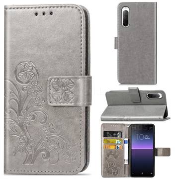 Embossing Imprint Four-Leaf Clover Leather Wallet Case for Sony Xperia 10 II - Grey