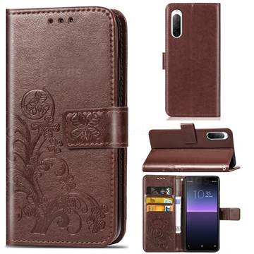 Embossing Imprint Four-Leaf Clover Leather Wallet Case for Sony Xperia 10 II - Brown