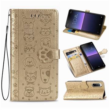 Embossing Dog Paw Kitten and Puppy Leather Wallet Case for Sony Xperia 10 II - Champagne Gold