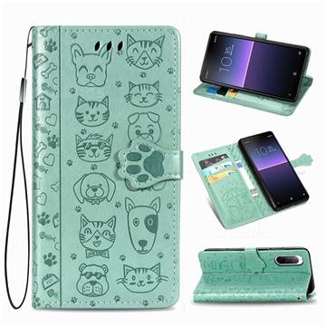 Embossing Dog Paw Kitten and Puppy Leather Wallet Case for Sony Xperia 10 II - Green