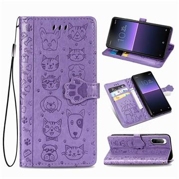 Embossing Dog Paw Kitten and Puppy Leather Wallet Case for Sony Xperia 10 II - Purple