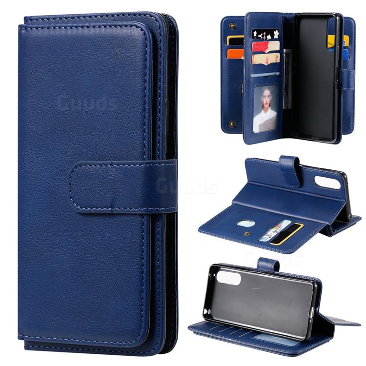 Multi-function Ten Card Slots and Photo Frame PU Leather Wallet Phone Case Cover for Sony Xperia 10 II - Dark Blue