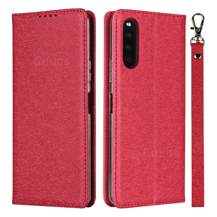 Ultra Slim Magnetic Automatic Suction Silk Lanyard Leather Flip Cover for Sony Xperia 10 II - Red