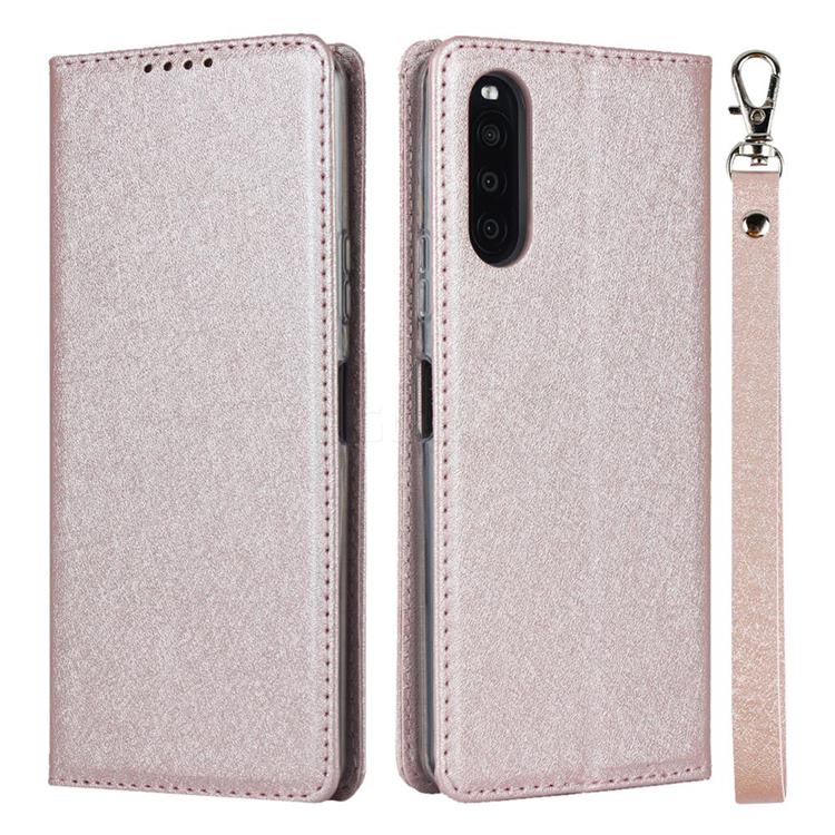 Ultra Slim Magnetic Automatic Suction Silk Lanyard Leather Flip Cover for Sony Xperia 10 II - Rose Gold