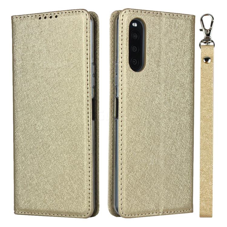 Ultra Slim Magnetic Automatic Suction Silk Lanyard Leather Flip Cover for Sony Xperia 10 II - Golden