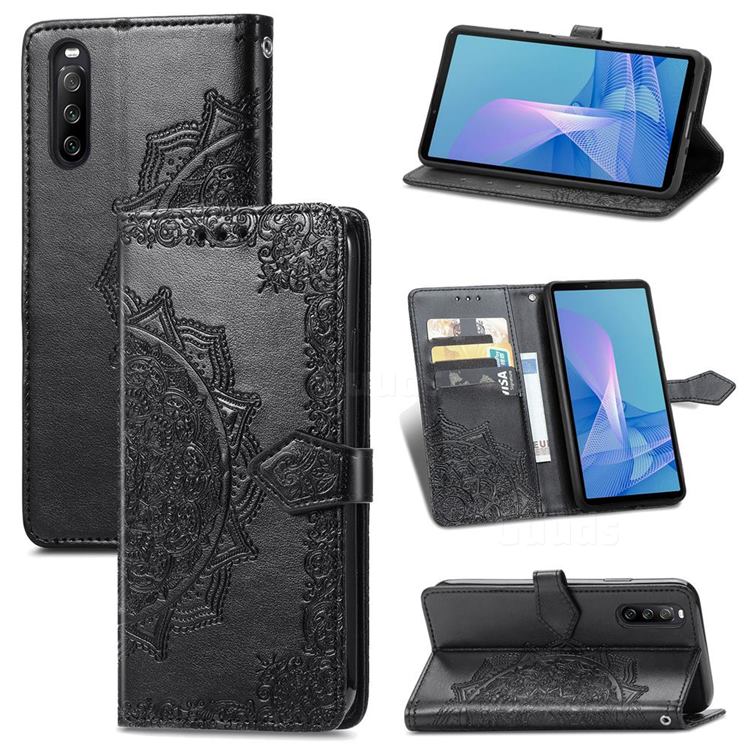 Embossing Imprint Mandala Flower Leather Wallet Case for Sony Xperia 10 III - Black