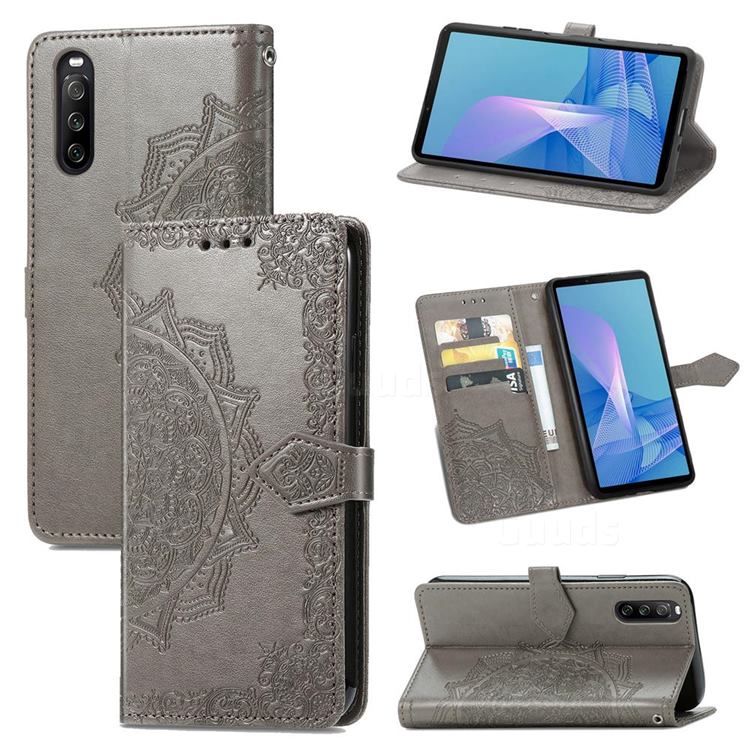 Embossing Imprint Mandala Flower Leather Wallet Case for Sony Xperia 10 III - Gray