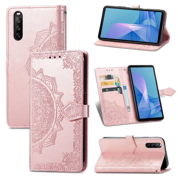 Embossing Imprint Mandala Flower Leather Wallet Case for Sony Xperia 10 III - Rose Gold