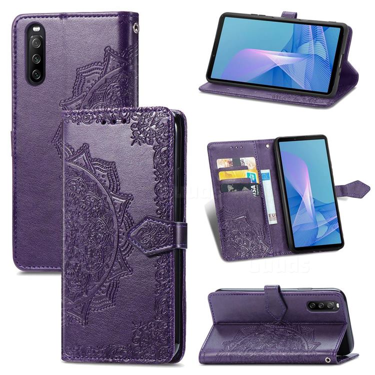Embossing Imprint Mandala Flower Leather Wallet Case for Sony Xperia 10 III - Purple