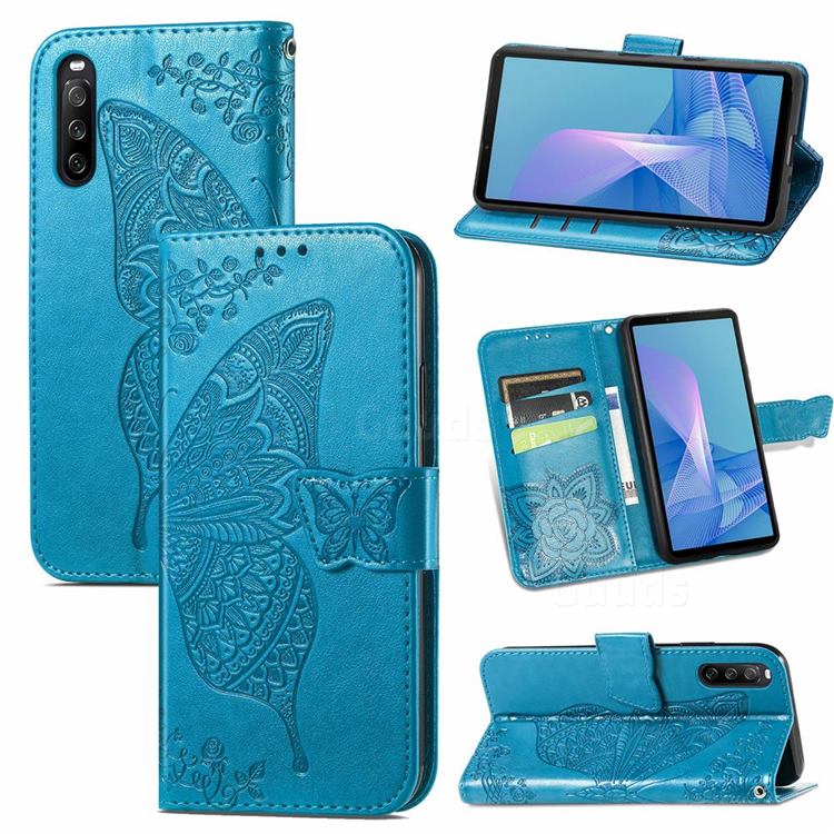 Embossing Mandala Flower Butterfly Leather Wallet Case for Sony Xperia 10 III - Blue