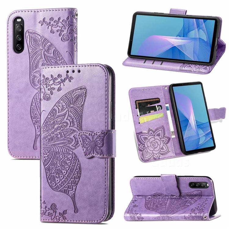 Embossing Mandala Flower Butterfly Leather Wallet Case for Sony Xperia 10 III - Light Purple