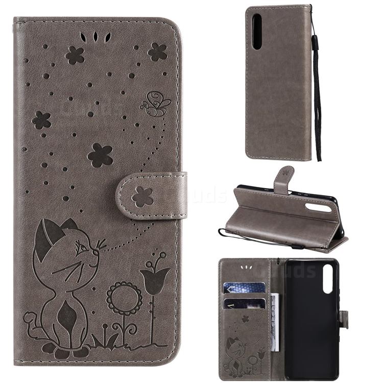 Embossing Bee and Cat Leather Wallet Case for Sony Xperia 10 III - Gray