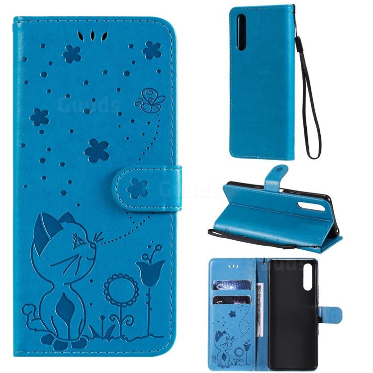 Embossing Bee and Cat Leather Wallet Case for Sony Xperia 10 III - Blue