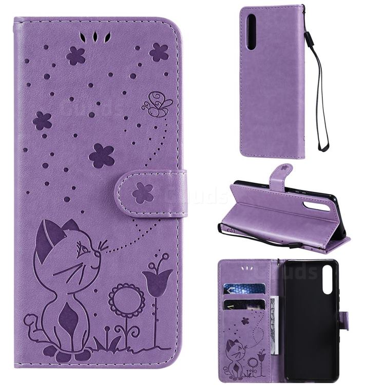 Embossing Bee and Cat Leather Wallet Case for Sony Xperia 10 III - Purple