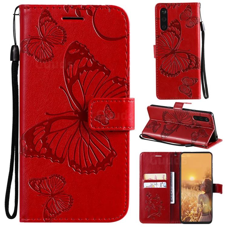 Embossing 3D Butterfly Leather Wallet Case for Sony Xperia 10 III - Red