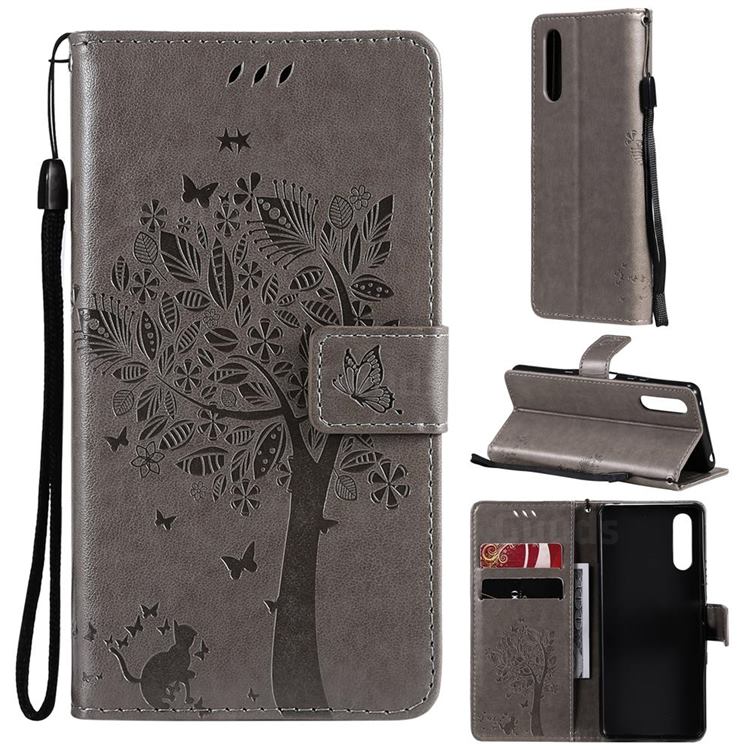 Embossing Butterfly Tree Leather Wallet Case for Sony Xperia 10 III - Grey