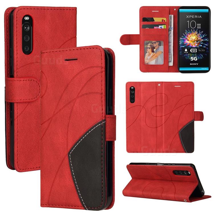Luxury Two-color Stitching Leather Wallet Case Cover for Sony Xperia 10 III - Red
