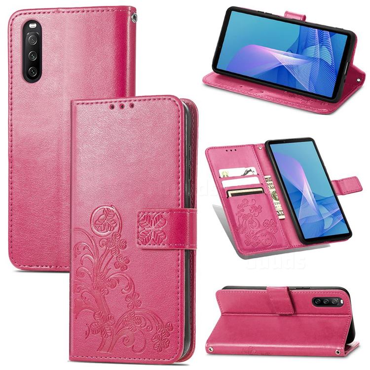 Embossing Imprint Four-Leaf Clover Leather Wallet Case for Sony Xperia 10 III - Rose Red