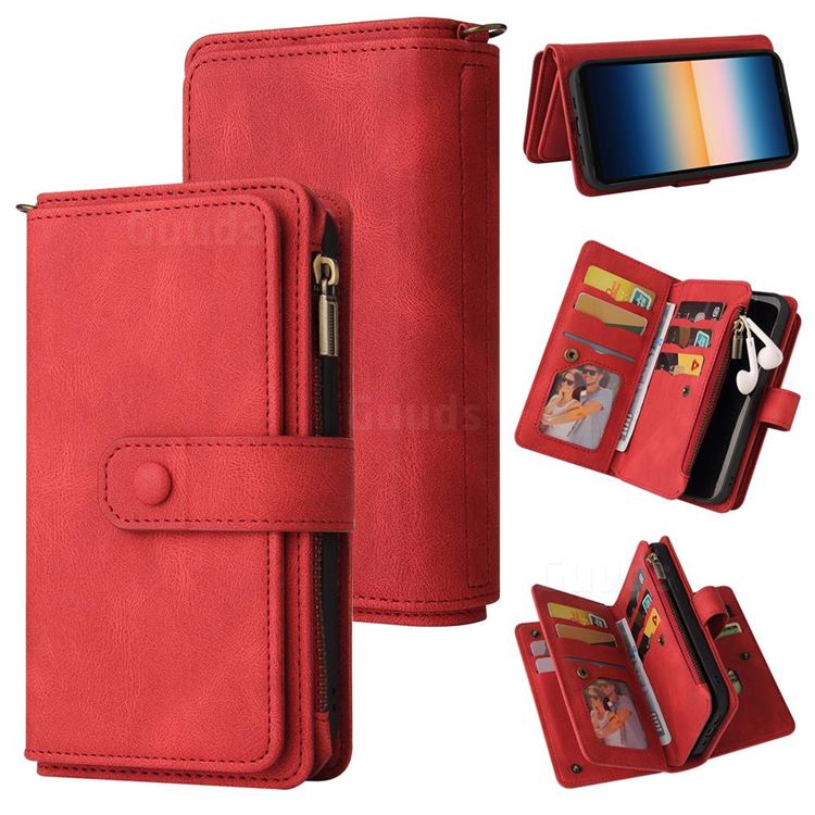 Luxury Multi-functional Zipper Wallet Leather Phone Case Cover for Sony Xperia 10 III - Red