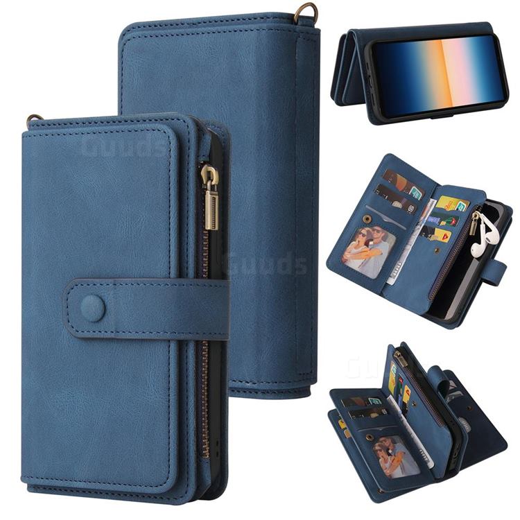 Luxury Multi-functional Zipper Wallet Leather Phone Case Cover for Sony Xperia 10 III - Blue