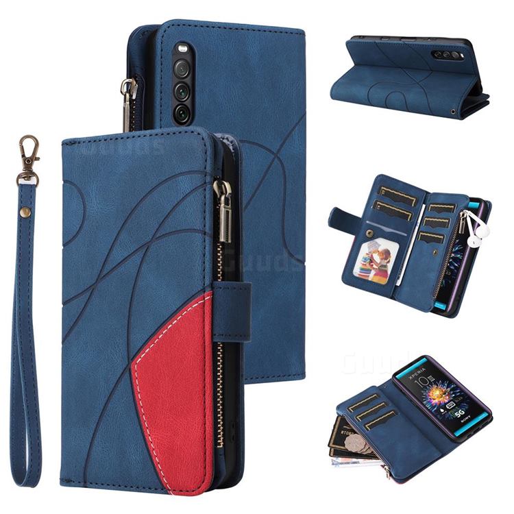 Luxury Two-color Stitching Multi-function Zipper Leather Wallet Case Cover for Sony Xperia 10 III - Blue