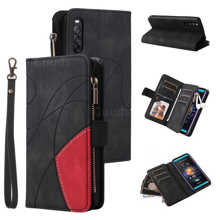 Luxury Two-color Stitching Multi-function Zipper Leather Wallet Case Cover for Sony Xperia 10 III - Black